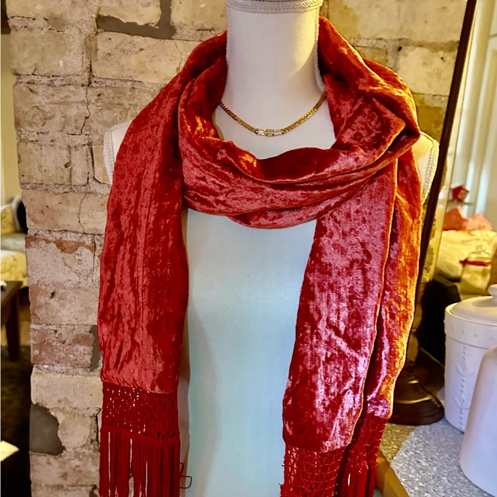 Dior Red Crushed Velvet Fringe Scarf - Picture 5 of 6